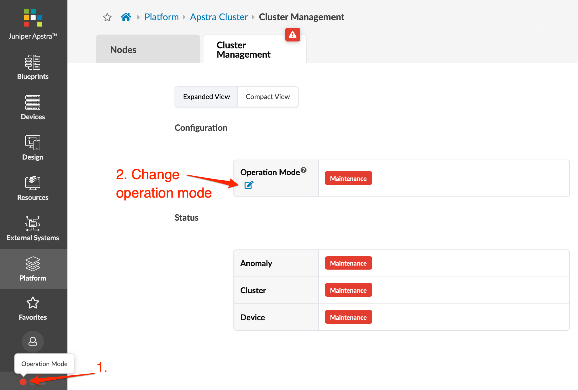 Juniper Apstra Cluster Management UI showing operation mode set to Maintenance with red status for Anomaly, Cluster, Device. Sidebar with navigation options.