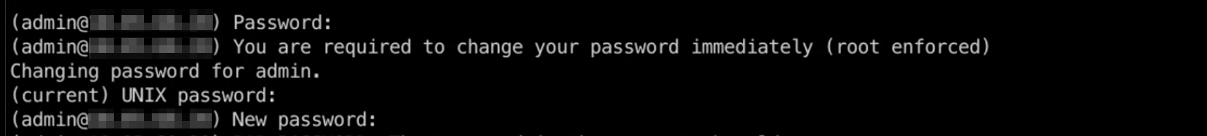 Terminal interface prompting for password change enforced by root. User must enter current UNIX password and new password.