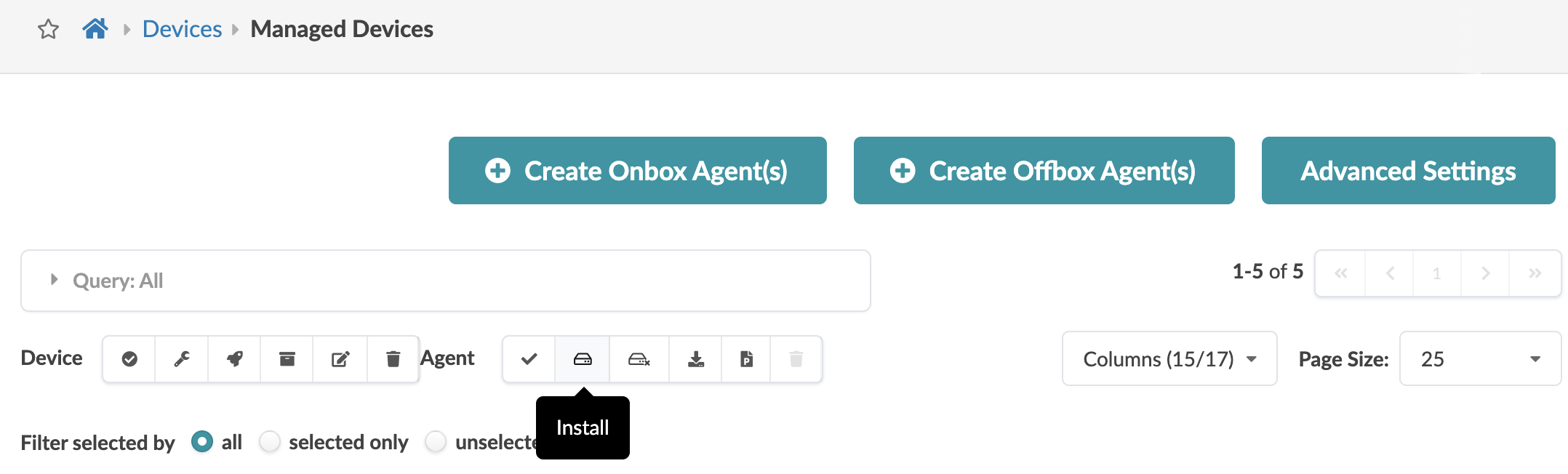 User interface for managing devices with breadcrumb navigation showing Home > Devices > Managed Devices. Includes buttons for creating onbox and offbox agents, accessing advanced settings, a search bar labeled Query: All, device management icons with a tooltip displaying Install, pagination controls, and options to adjust column display and page size.
