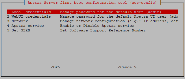 Apstra Server initial configuration tool interface with options for setting local and WebUI credentials, network, service, and SSRN.