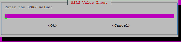 Dialog box titled SSRN Value Input prompting user to enter SSRN value with Ok and Cancel options in a terminal-based application.