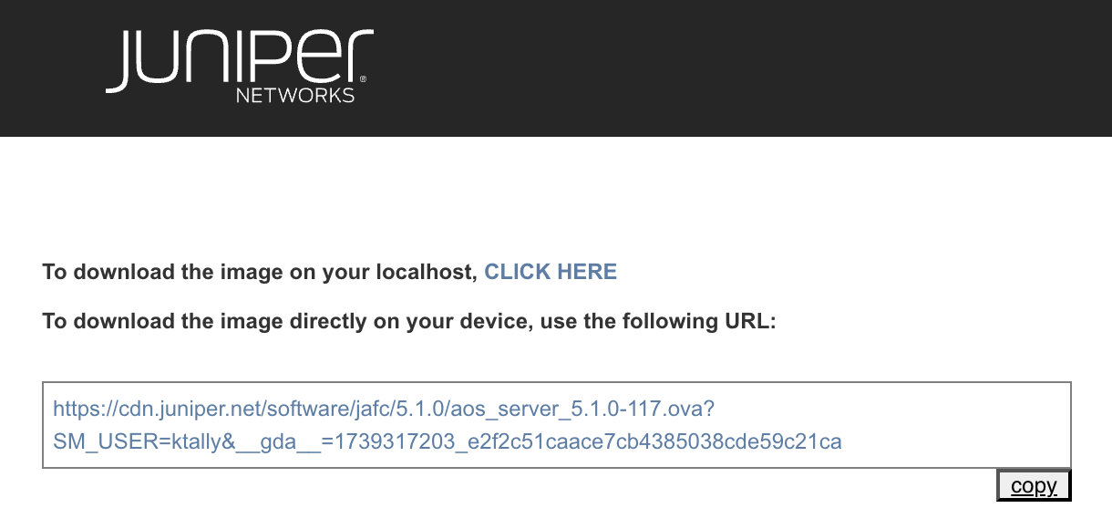 Juniper Networks file download instructions for OVA named aos_server_5.1.0-117. Includes URL link and copy button.