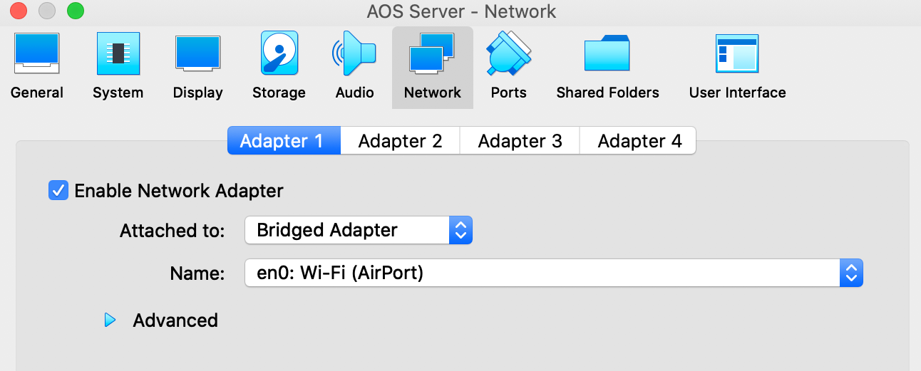 AOS Server Network settings interface with Adapter 1 set to Bridged Adapter and interface en0 Wi-Fi.