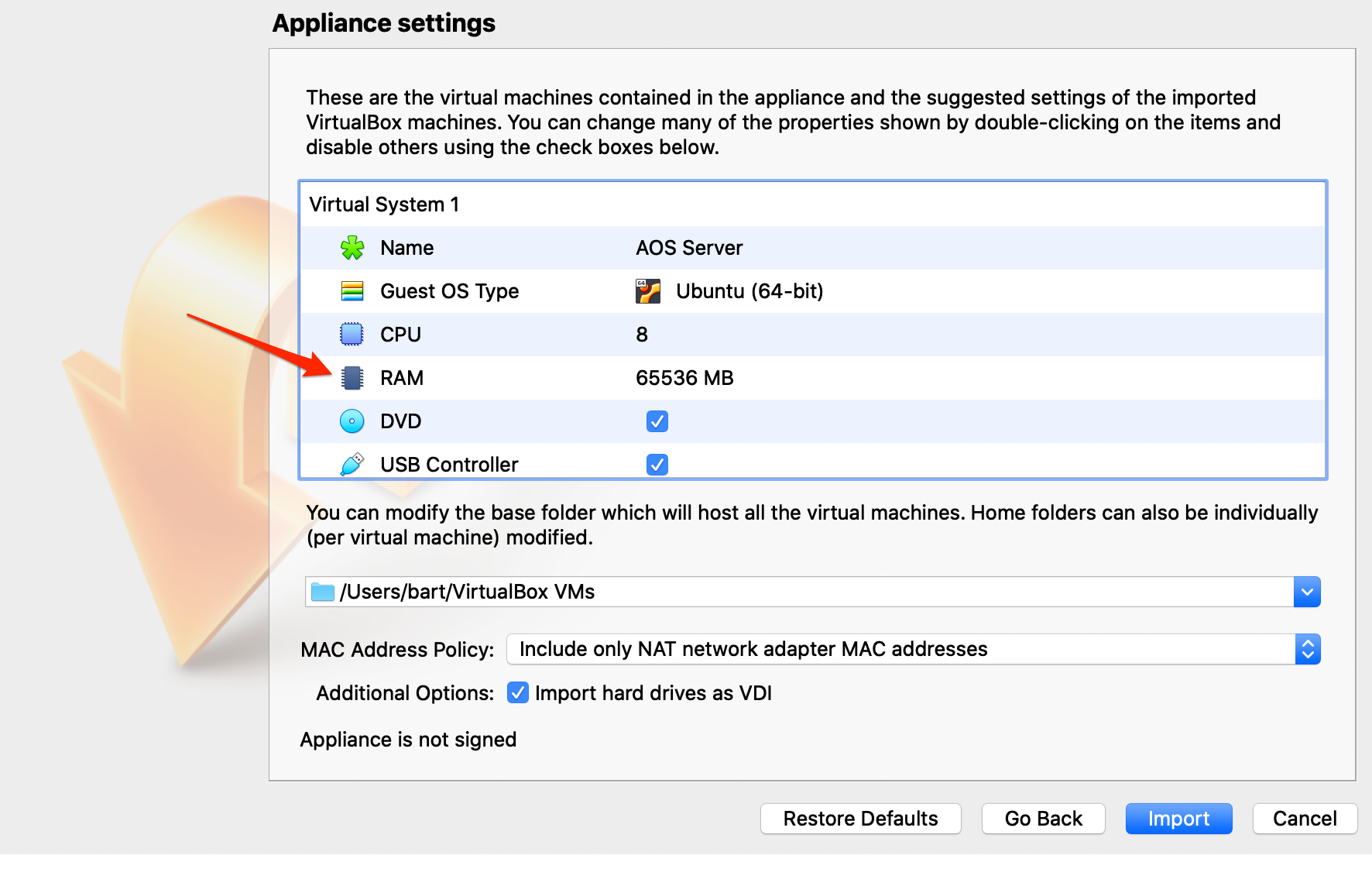 Appliance settings window in VirtualBox showing AOS Server VM with Ubuntu 64-bit, 8 CPU cores, 64 GB RAM, and enabled USB controller. Files stored in Users/bart/VirtualBox VMs. Options include importing VDI hard drives. Unsigned appliance with Import and Cancel buttons.