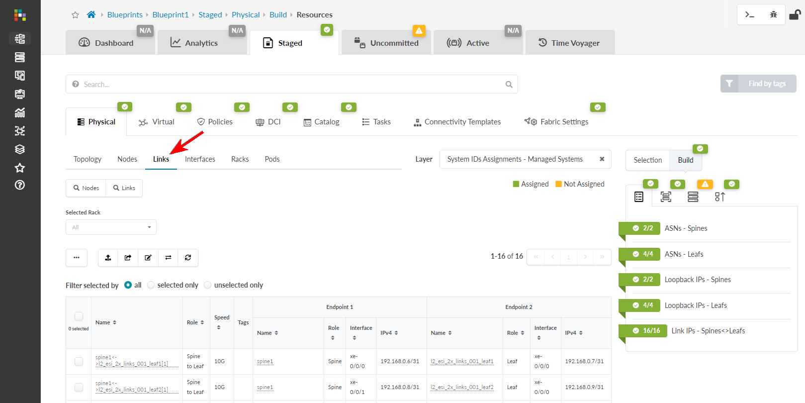 Network management tool interface showing navigation bar with icons, breadcrumb trail Blueprint1, tabs like Physical and Virtual, Links tab highlighted, Build section for ASNs and IPs, and table listing network links with roles and speeds.