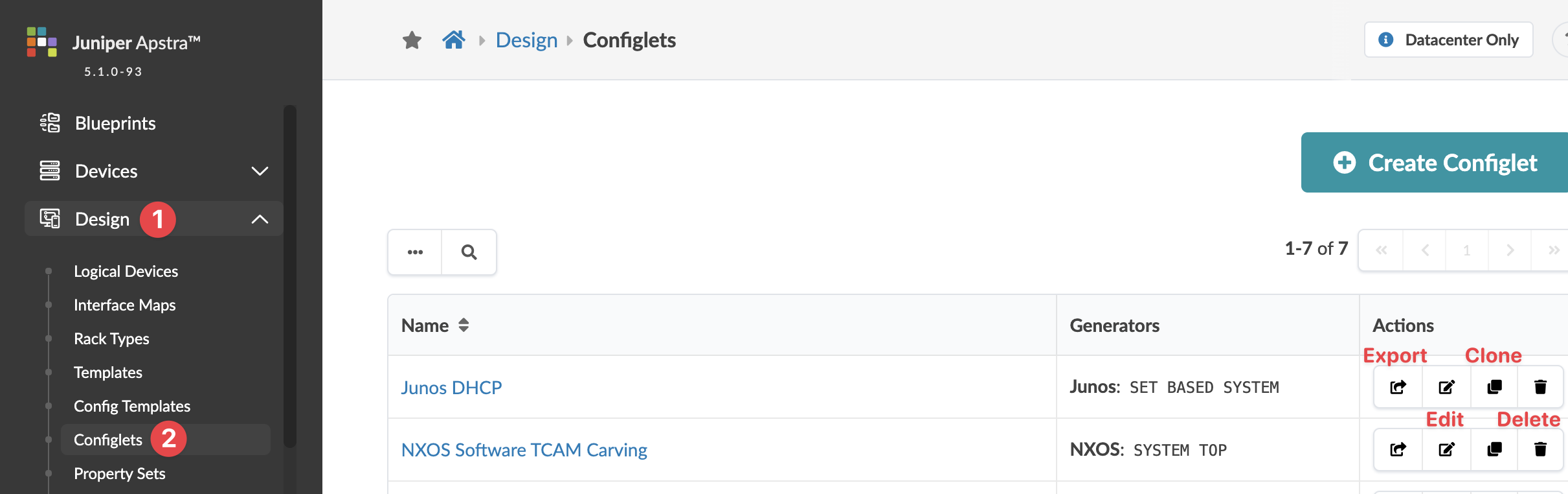 Juniper Apstra Configlets section under Design menu showing sidebar navigation, breadcrumbs, Create Configlet button, and configlet table with pagination.