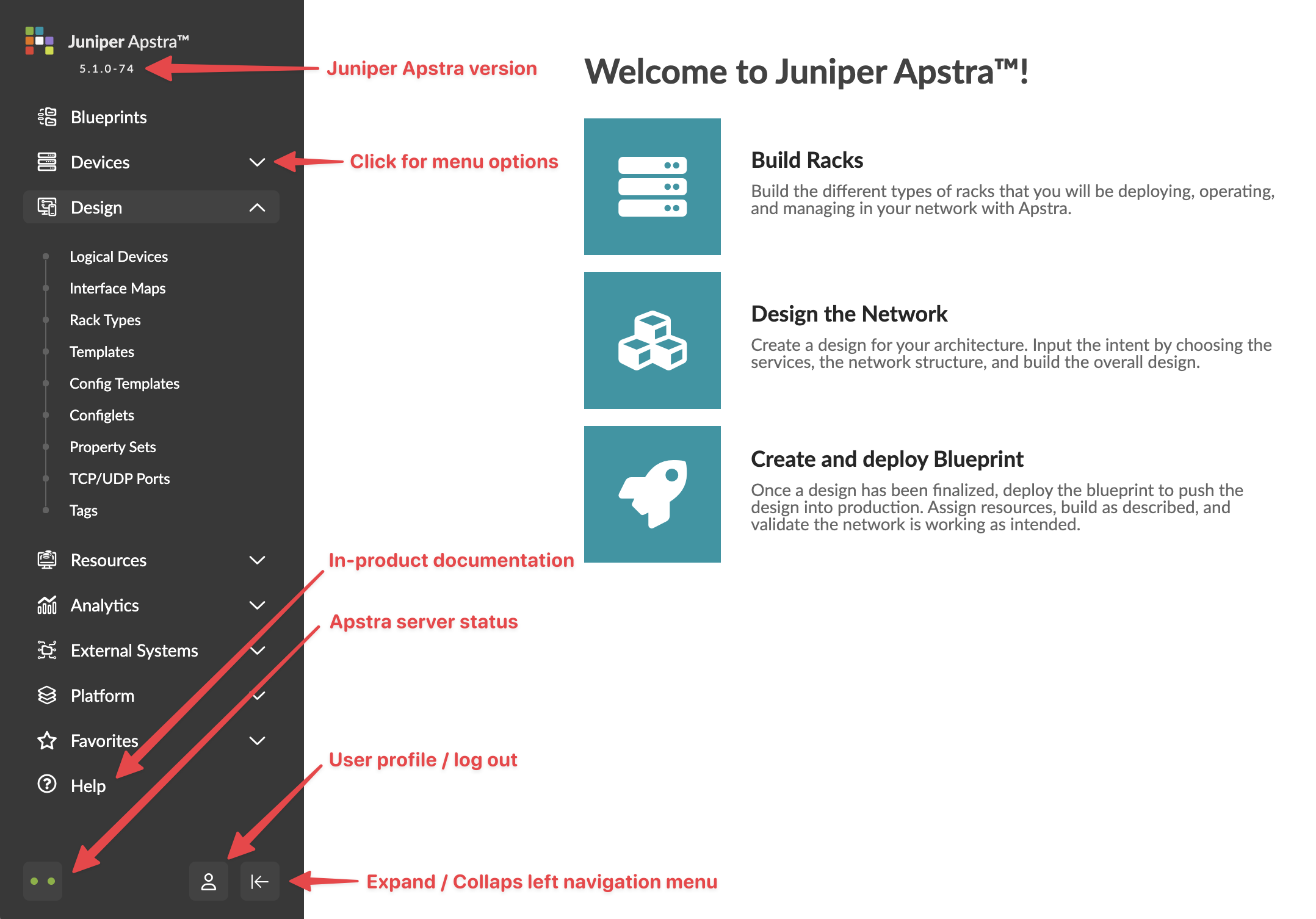 Juniper Apstra dashboard showing version 5.1.0-74 with navigation menu and features like Build Racks, Design the Network, and Create and Deploy Blueprint.