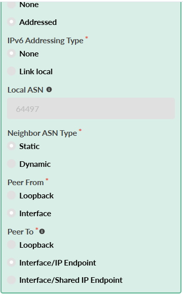 Network settings interface with IPv6 Addressing Type options: None, Addressed, Link local; Local ASN pre-filled with 64497; Neighbor ASN Type options: Static, Dynamic; Peer From options: Loopback, Interface; Peer To options: Loopback, Interface/IP Endpoint, Interface/Shared IP Endpoint.