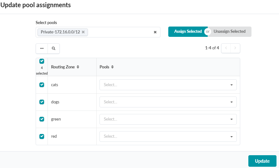 User interface for updating pool assignments with a dropdown to select a pool, a table listing routing zones cats, dogs, green, and red with checkboxes and pool assignment dropdowns, and Assign Selected, Unassign Selected, and Update buttons.