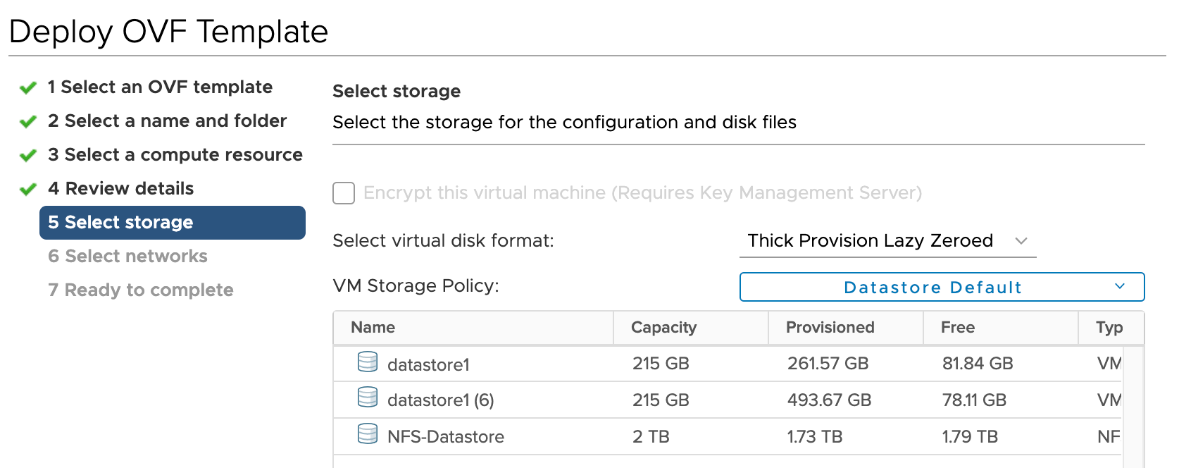 Step 5 of VMware vSphere Deploy OVF Template wizard, Select storage, showing completed steps, storage options, datastore details, and encryption checkbox.