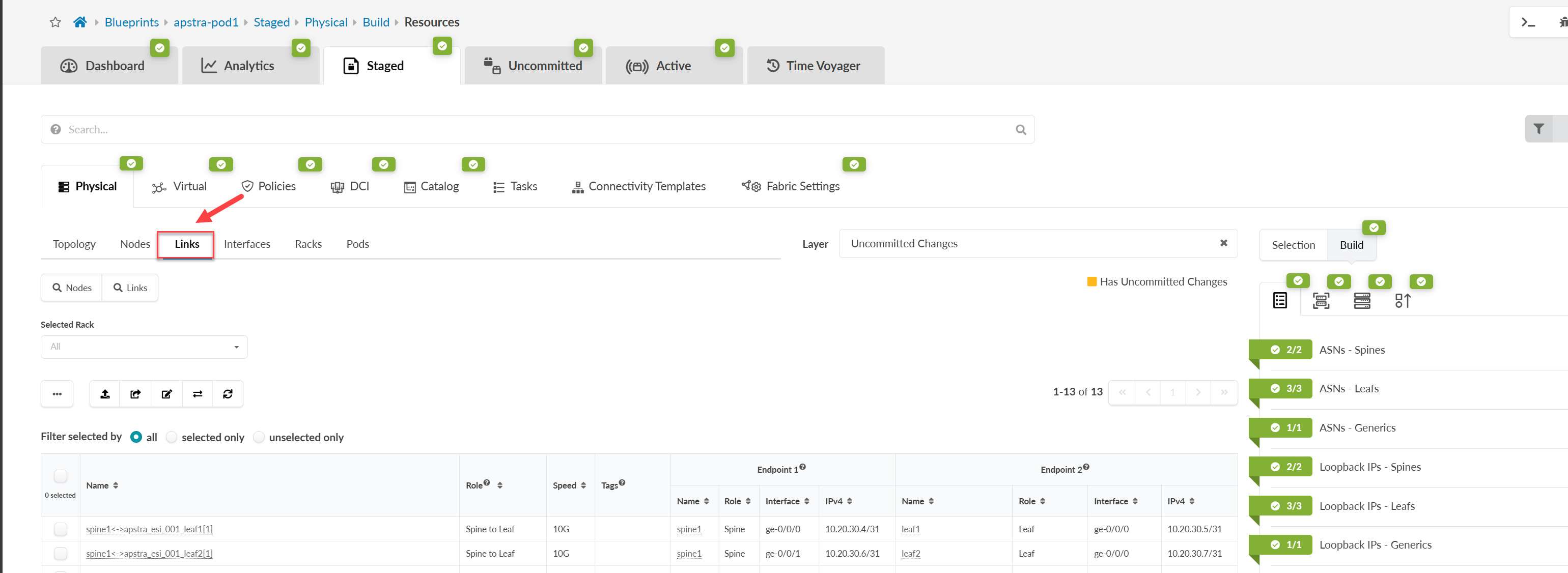 Network management interface for Juniper Apstra, showing Links tab under Physical in blueprint apstra-pod1. Uncommitted changes layer with network link details, including name, role, speed, tags, and endpoint info.