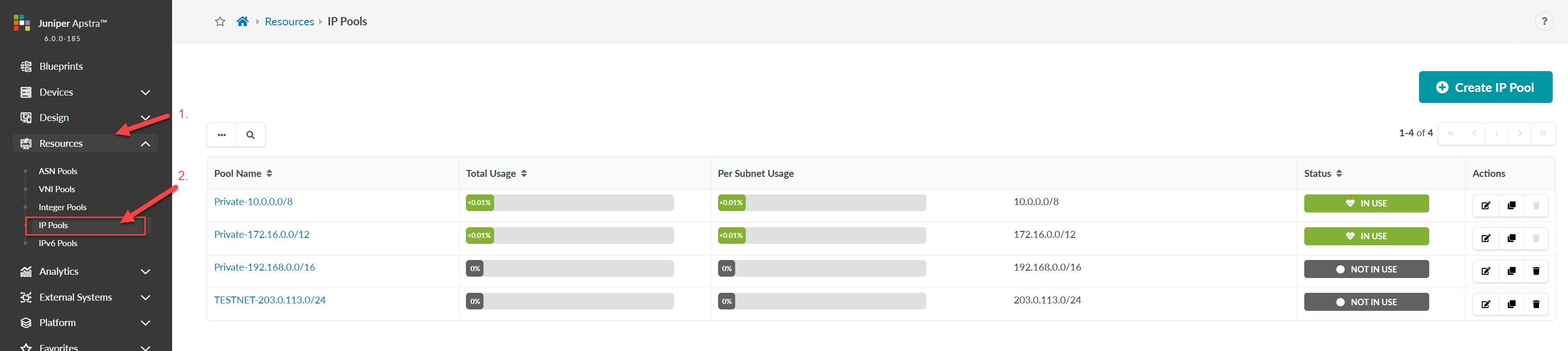 Juniper Apstra interface showing IP Pools section under Resources. Displays IP pool list with columns: Pool Name, Total Usage, Per Subnet Usage, Status, and Actions. Create IP Pool button is visible.