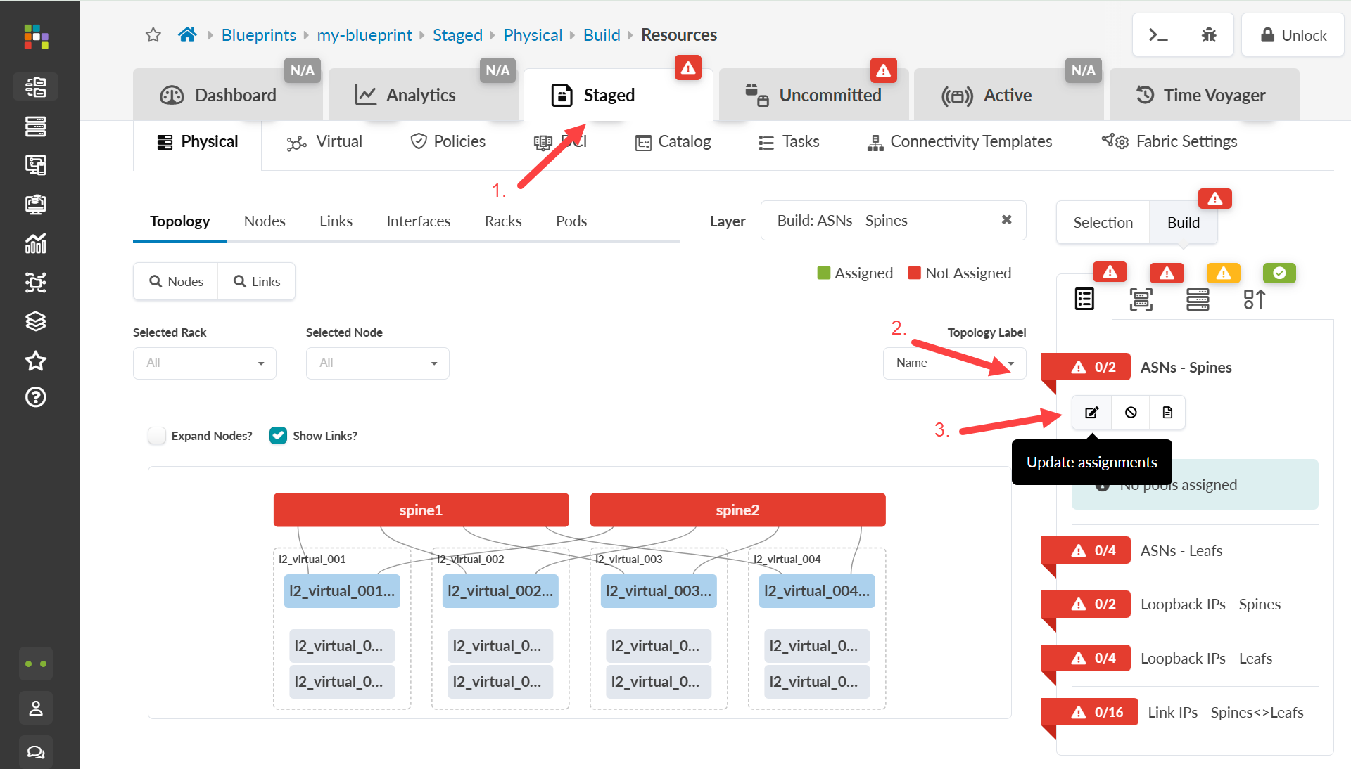 Network management interface with staged blueprint. Navigation shows Blueprints > my-blueprint > Staged > Physical > Build > Resources. Topology view displays nodes spine1 and spine2 with virtual nodes. Red warning icons indicate configuration issues like unassigned ASNs and missing resource pools. Sidebar menu provides access to analytics, settings, and help.