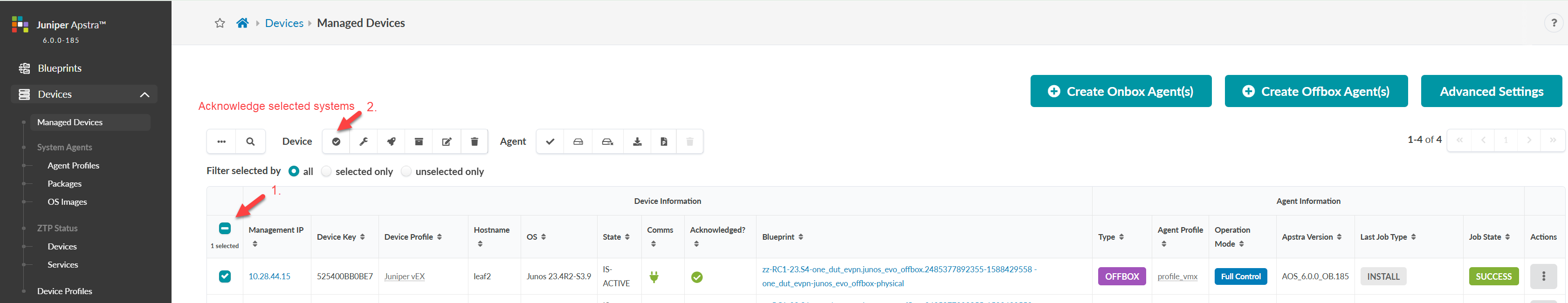 Juniper Apstra Managed Devices UI showing a table with device details like Management IP, Hostname, OS, and State, plus toolbar actions.