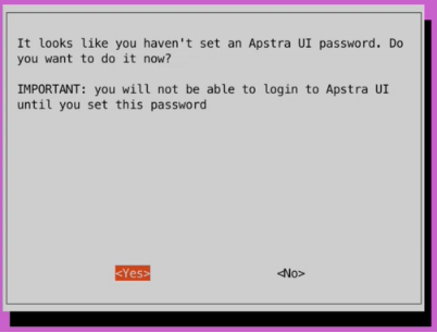 Apstra UI setup prompt: Set password to access Apstra UI. Options: Yes or No.