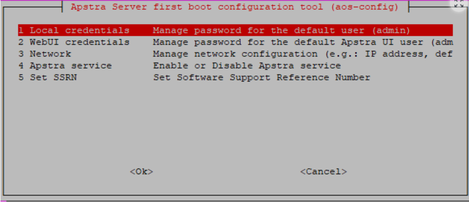 Apstra Server first boot configuration tool menu with options for managing credentials, network settings, and Apstra service.