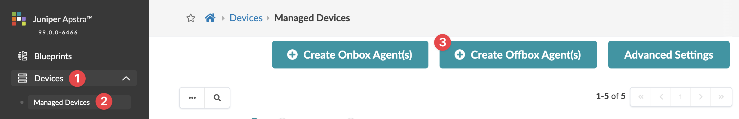 Juniper Apstra Managed Devices interface showing sidebar and breadcrumb navigation, action buttons for creating agents, and pagination controls.
