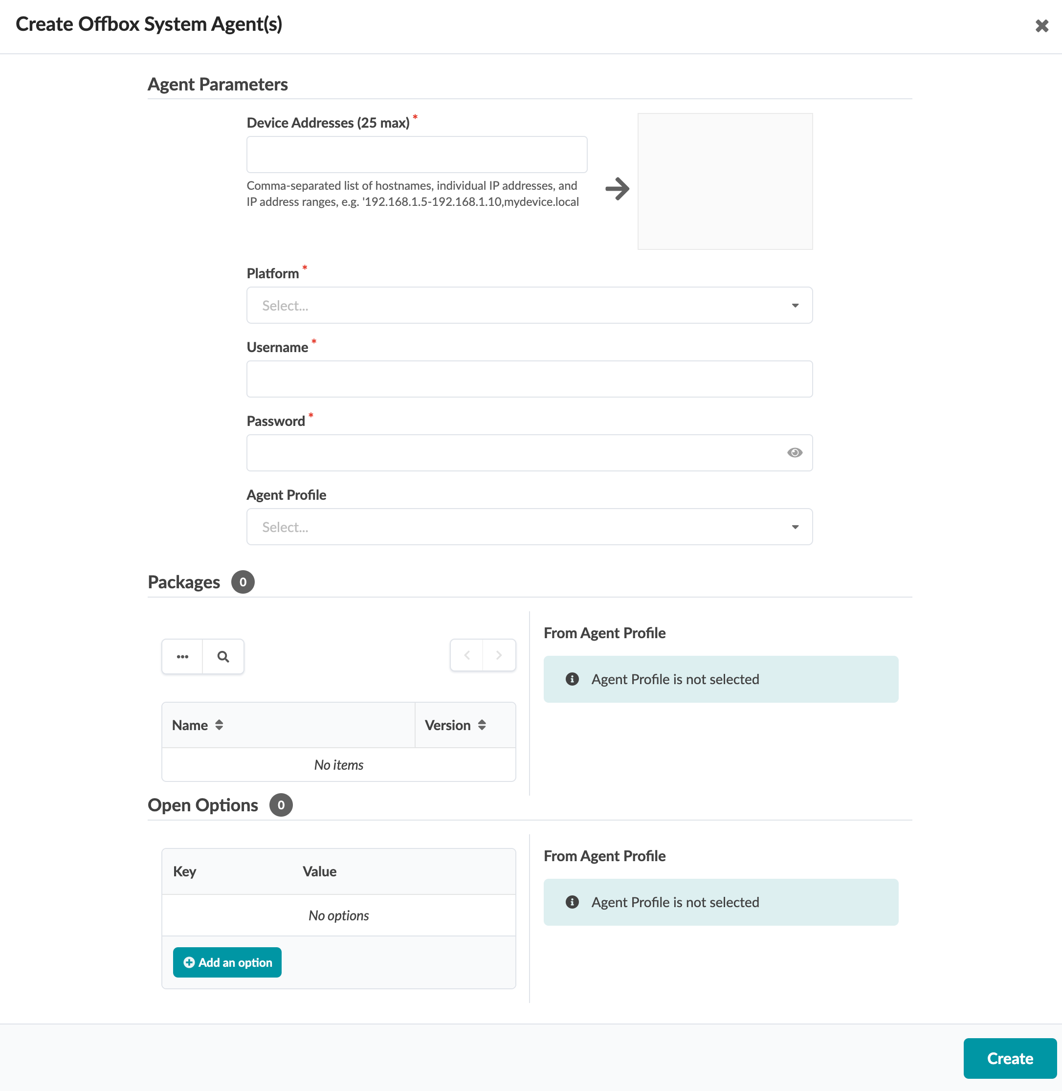 User interface for creating Offbox System Agents in software. Includes fields for device addresses, platform type, username, password, agent profile, list of packages, and options. Create button at bottom right.