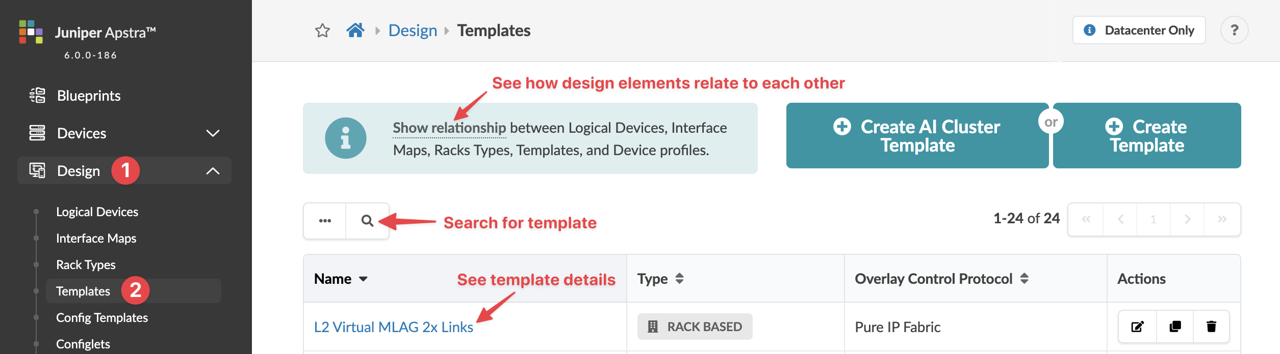 Screenshot of Juniper Apstra Design section in Templates, showing tools for managing network templates. Key features include navigation panel with options like Logical Devices and Interface Maps, a list of templates, Show Relationship button, search bar for templates, and options to create AI Cluster or regular template. Example template L2 Virtual MLAG 2x Links is displayed with type Rack Based and protocol Pure IP Fabric.