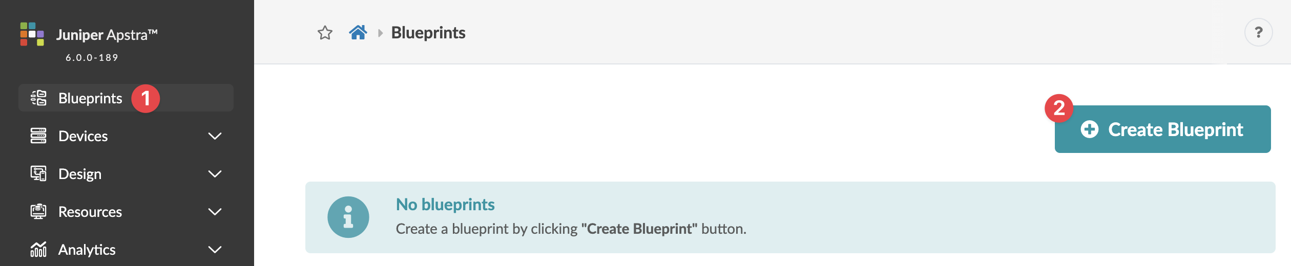 Juniper Apstra interface showing highlighted Blueprints in sidebar. Main area states no blueprints yet, with teal Create Blueprint button visible.
