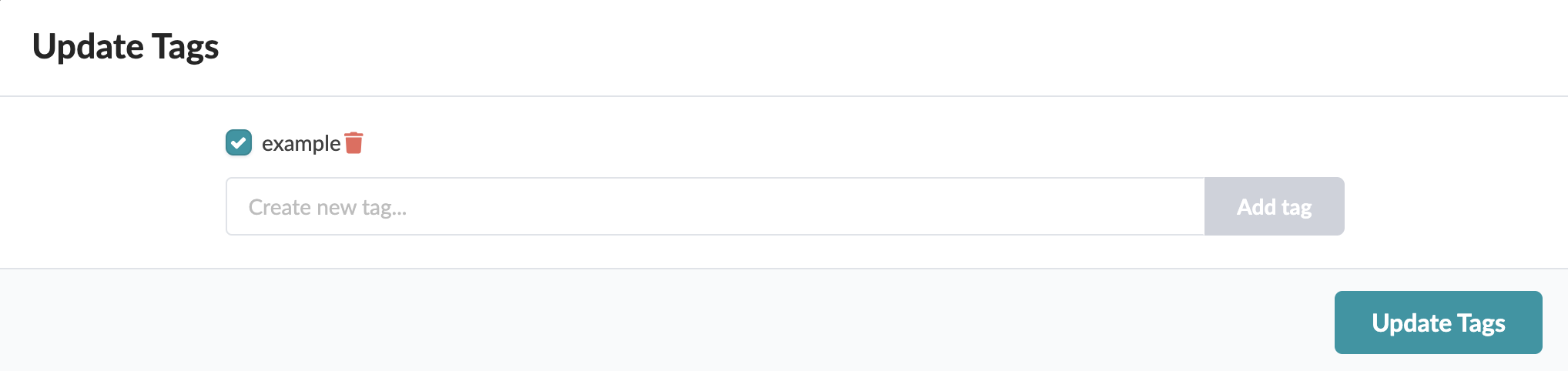 User interface for updating tags with title Update Tags, existing tag example with delete option, input field for new tag, Add tag button, and Update Tags button.