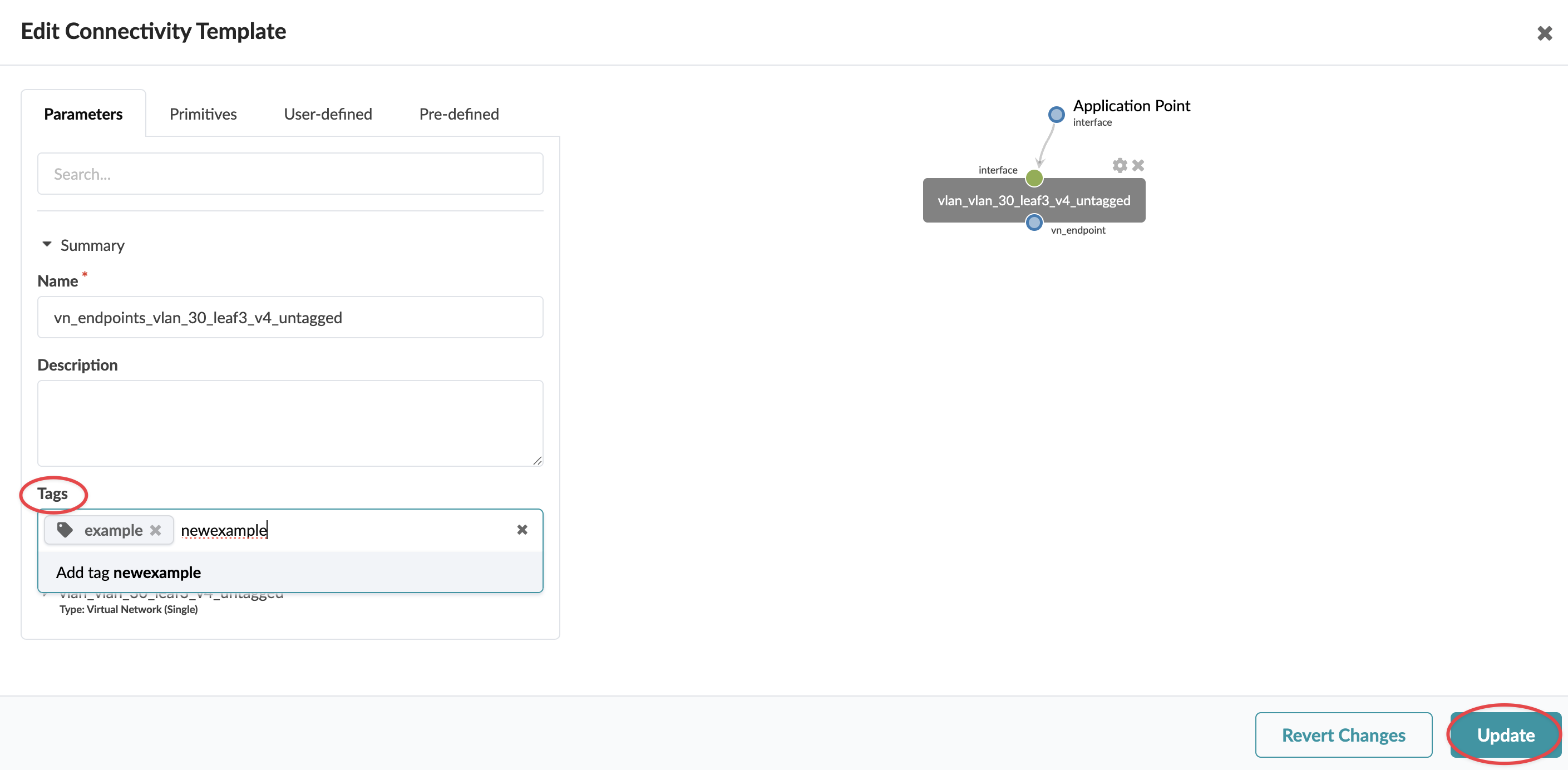 Edit Connectivity Template interface with Parameters tab selected. Name field filled with vn_endpoints_vlan_30_leaf3_v4_untagged. Tags section contains example and newexample. Diagram shows Application Point connected to vlan_vlan_30_leaf3_v4_untagged. Revert Changes and Update buttons at bottom, Update circled in red.