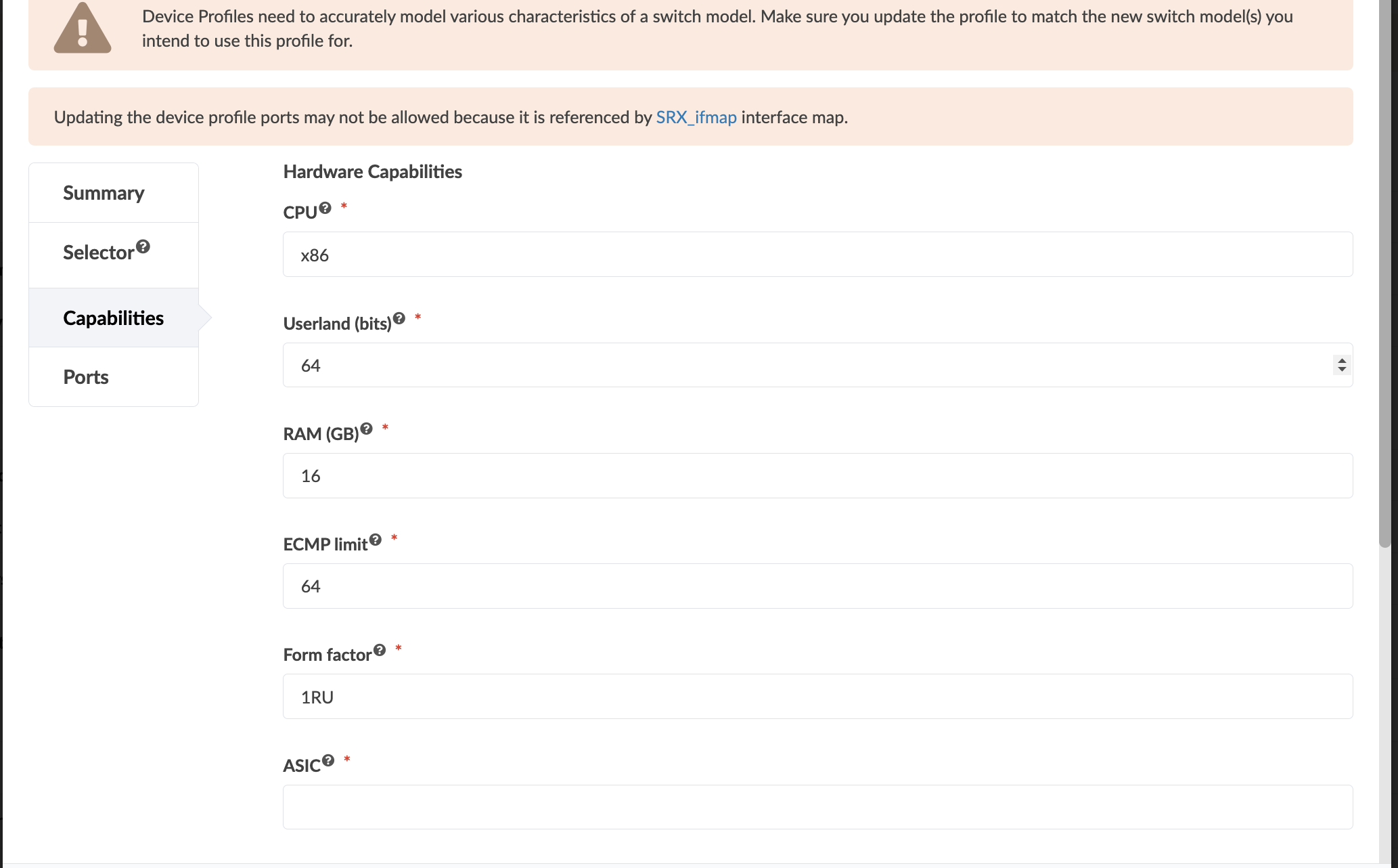 Configuration interface for editing hardware capabilities of a device profile, including fields for CPU type, userland bits, RAM in GB, ECMP limit, form factor, and ASIC. Warnings about matching switch model characteristics and restrictions on updating device profile ports are displayed at the top.