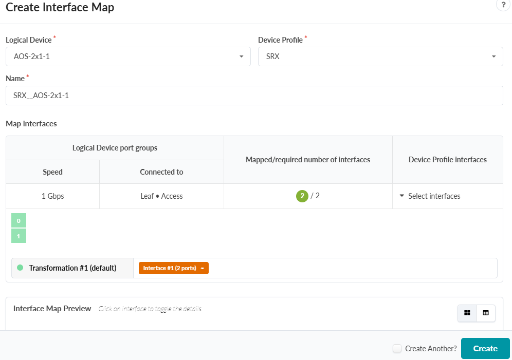 User interface for creating an interface map in a network tool, showing dropdowns for logical device and device profile, a text field for map name, port group details including speed and connection type, interface mapping for two ports, a transformation applied, a preview section, and a create button.