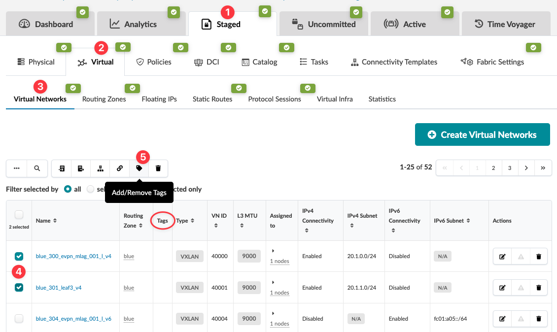 Network management interface with tabs Staged, Uncommitted, Active, Time Voyager. Virtual section selected, showing Virtual Networks submenu. Table lists virtual networks with details like Name and Routing Zone. Add/Remove Tags icon highlighted. Two rows selected. Create Virtual Networks button on the right.