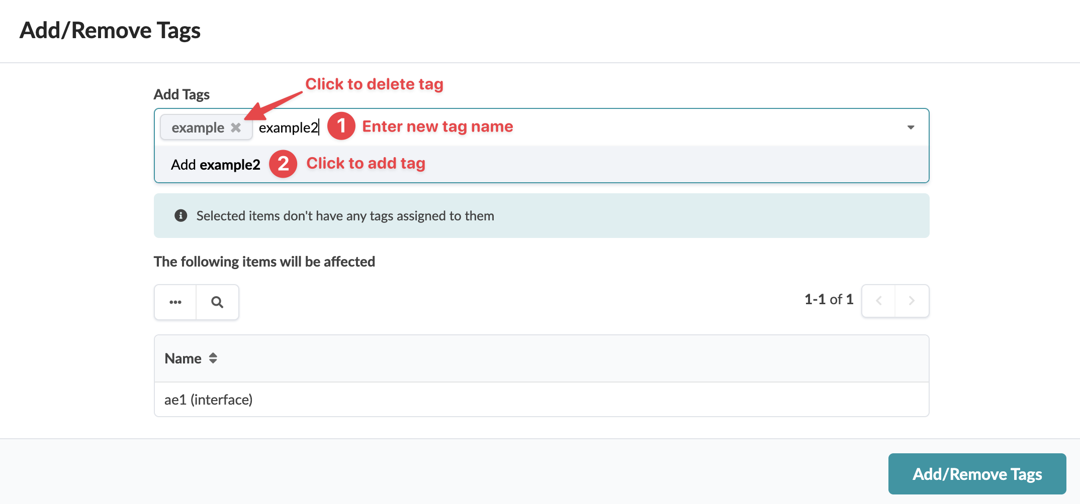 User interface for adding or removing tags with input field, existing tag with delete option, arrows indicating actions, message about untagged items, affected item list and Add/Remove Tags button.