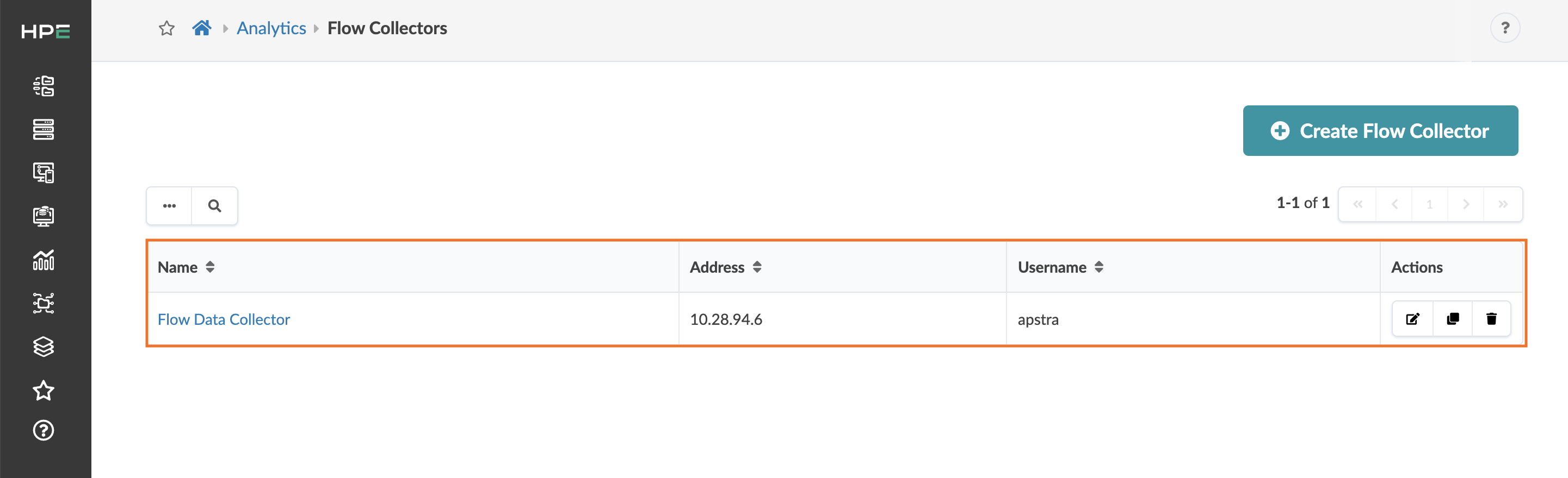 Flow Collectors section in HPE analytics platform showing a flow data collector with name Flow Data Collector, address 10.28.94.6, username apstra, and options to edit, copy, delete, or create a new flow collector.
