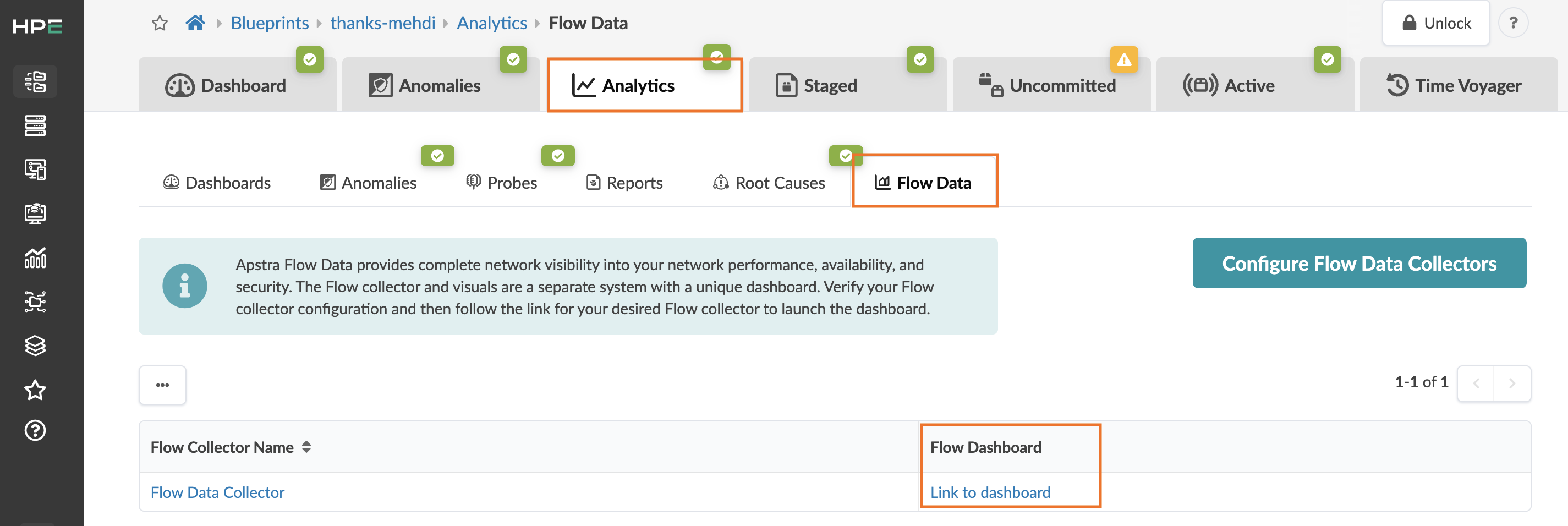 Screenshot of Juniper Apstra user interface in Analytics section showing Flow Data tools for network monitoring with navigation sidebar.