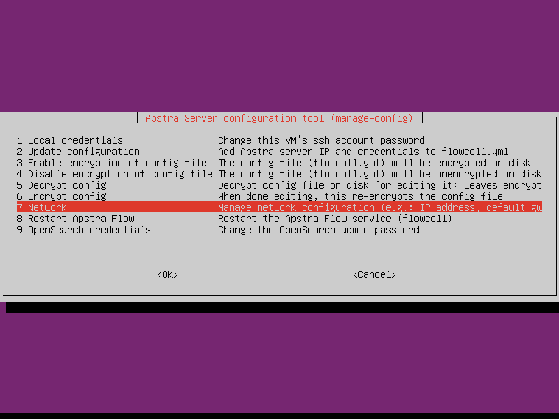 Apstra Server configuration tool interface showing a menu for managing server settings, with Network option highlighted and OK and Cancel buttons for navigation.