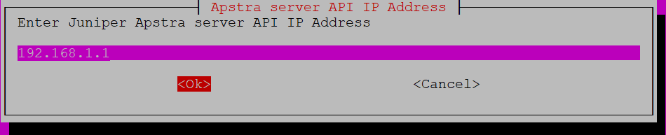 Dialog box prompting for Juniper Apstra API IP address with prefilled 192.168.1.1 and OK and Cancel options.