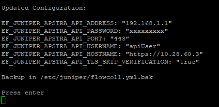 Terminal displaying Juniper Apstra API configuration details including API address, password placeholder, port number, username, hostname, TLS verification setting, and backup location in etc/juniper/flowcoll.yml.bak. Prompt says Press enter to proceed.