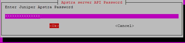 Password prompt for Juniper Apstra server API in a terminal environment. Options: OK and Cancel.