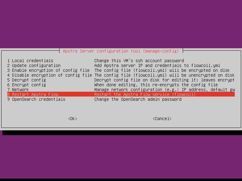 Apstra Server configuration tool interface showing a text-based menu for managing server settings, with Restart Apstra Flow highlighted.