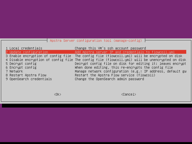 Apstra Server configuration tool menu with options for managing credentials, encryption, network settings, and restarting services. Highlighted option is Update configuration.