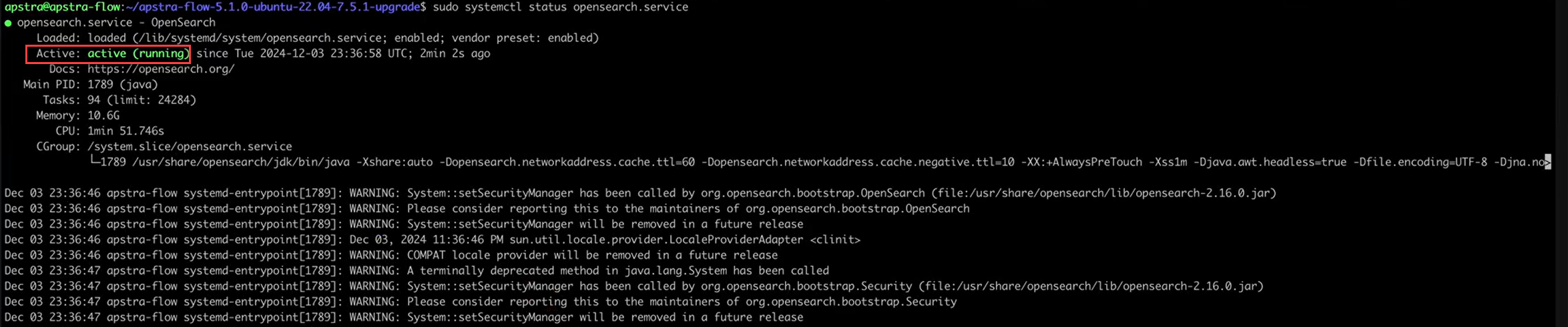 Output of systemctl status opensearch.service command showing opensearch.service is active and running since Tue Dec 3, 2024. Main PID is 1789, using 10.6G memory. Warnings about deprecated System::setSecurityManager method are present.