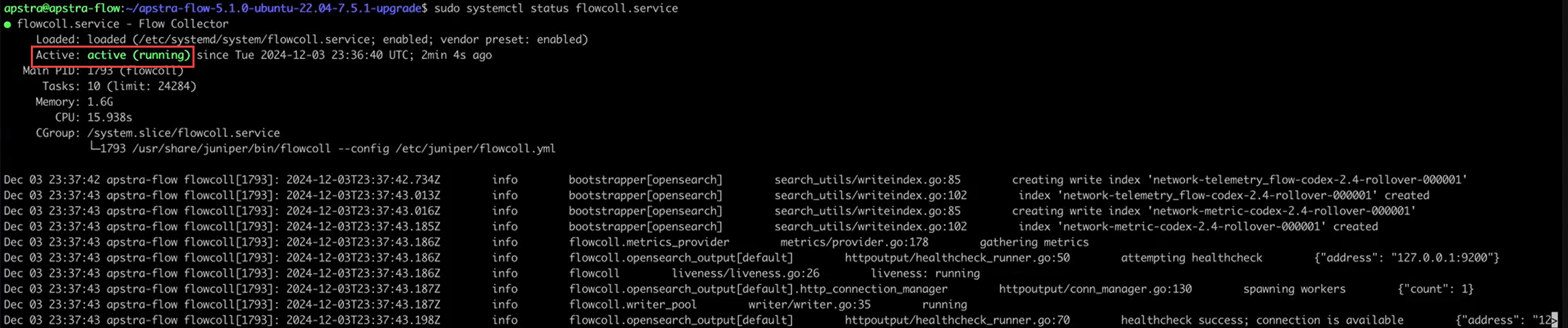 Status of flowcoll.service: Loaded from etc/systemd/system/flowcoll.service and active. Running for 2m4s with PID 1793, 10 tasks, 1.6GB memory, 15.938s CPU time. Logs show successful operations and health checks.