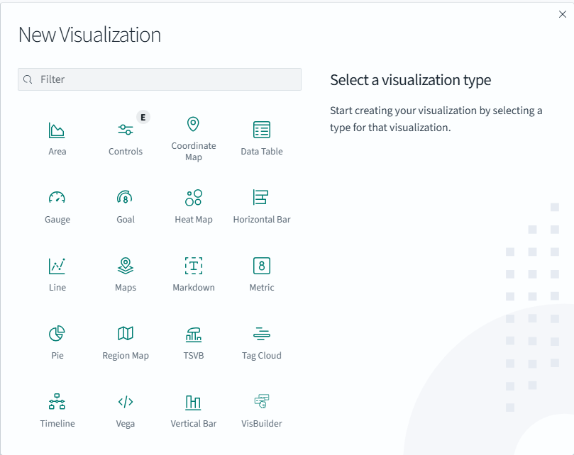 User interface for creating a new visualization with options like Area, Controls, Coordinate Map, Data Table, Gauge, Goal, Heat Map, Horizontal Bar, Line, Maps, Markdown, Metric, Pie, Region Map, TSVB, Tag Cloud, Timeline, Vega, Vertical Bar, and VisBuilder. Prompt reads Select a visualization type.