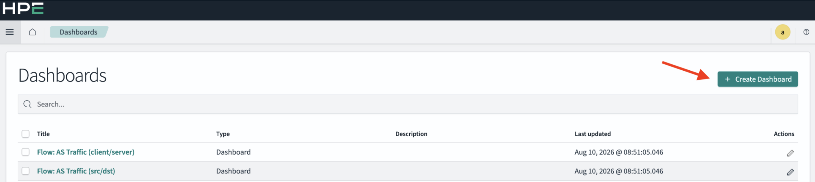 HPE application interface for managing dashboards, showing a header with HPE logo and Dashboards label, search bar, table listing dashboards by title, type, description, and last updated, and a green Create Dashboard button with a red arrow indicating it.