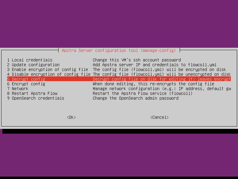 Terminal-based Apstra Server configuration tool showing menu options for managing server settings, with option to decrypt configuration file for editing highlighted in red. Buttons for OK and Cancel are available for navigation.
