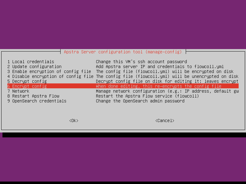 Terminal interface for Apstra Server configuration tool showing highlighted option Encrypt config to re-encrypt config file.