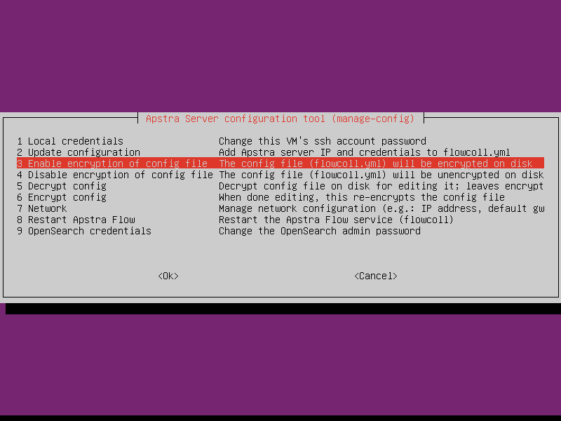 Apstra Server configuration tool interface showing a text-based menu for server settings. Highlighted option is Enable encryption of config file.