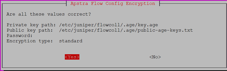 Apstra Flow Config Encryption screen: Confirm private key path at /etc/juniper/flowcoll/.age/key.age and public key path at /etc/juniper/flowcoll/.age/public-age-keys.txt. Encryption type is standard. Select Yes or No to confirm.