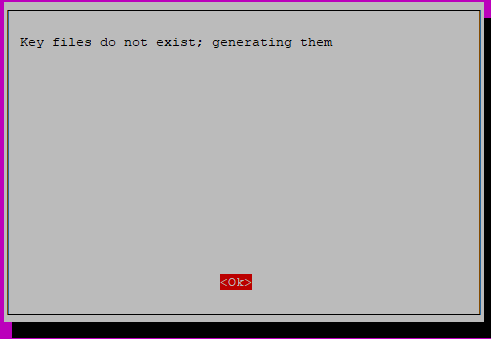 Key files do not exist; generating them. Red OK button to proceed. Likely part of a terminal setup process.