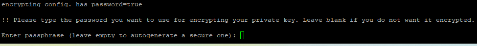 Terminal interface requesting passphrase for encryption; type password or leave blank to auto-generate.