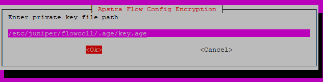 Configuration dialog for Apstra Flow Config Encryption prompting for private key file path with pre-filled path /etc/juniper/flowcoll/.age/key.age. OK button highlighted.