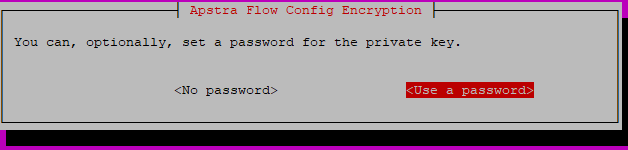 Configuration screen for Apstra Flow Config Encryption showing options for private key password: No password default and Use a password highlighted in red.